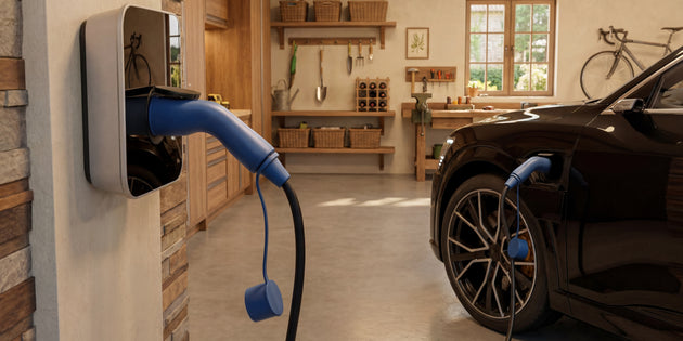Wall-mounted EV charging station with a blue Type 2 connector plugged into a black electric car in a home garage
