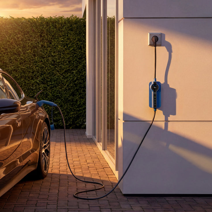 Electric car charging at home from a household socket with the Voldt® Portable Charger