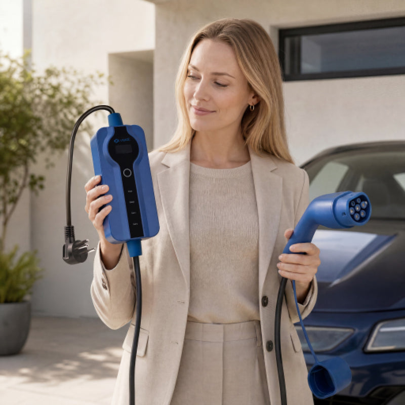 Driver next to an electric car charging with the Voldt® Portable Charger