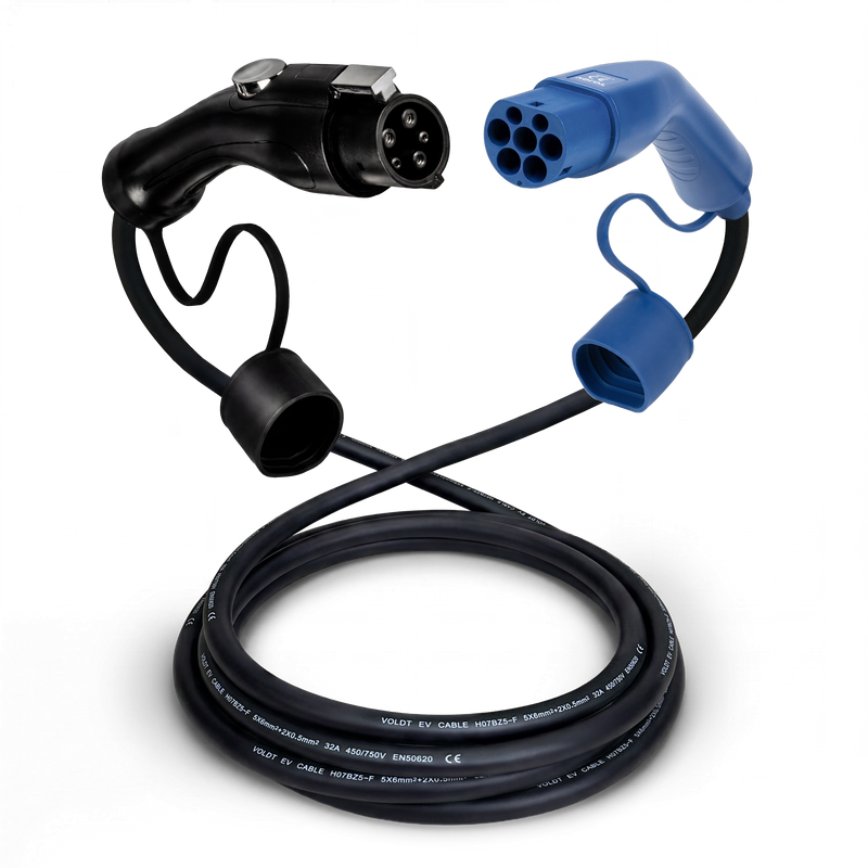 Type 1 - type 2 | 1 fase | 32a | 7,4 kW ladekabel
